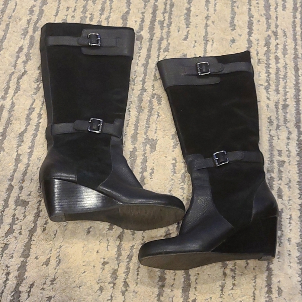 Denver Hayes Black Suede and Leather wedge tall boots